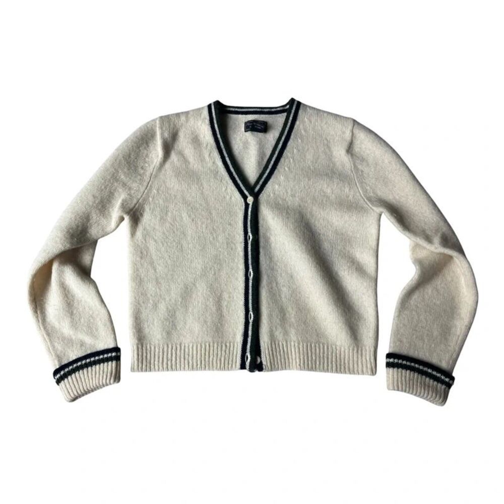 Vintage Abercrombie & Fitch 100% Wool Cream & Navy Cardigan Sweater Women Medium